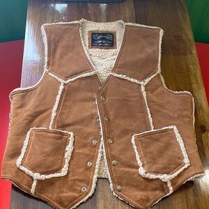 Vintage Brown Suede Mens Vest with Shearling Trim